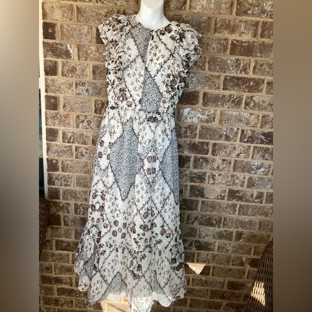 Walter Baker Lola Maxi Dress Ivory Vintage Rose Ruffle Cap Sleeve Size 6